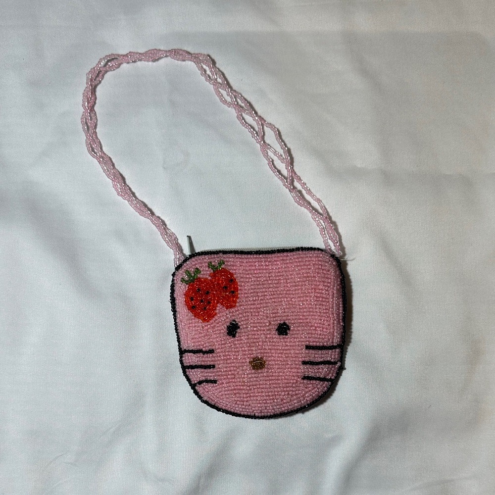 Adorable Pink Beaded Cat Bag with Strawberry Accent